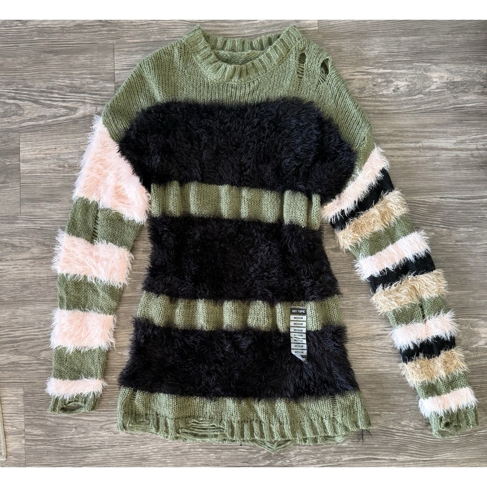 Current Mood Hot Topic Punquetee Distressed Oversized Fuzzy Strip Knit Sweater M